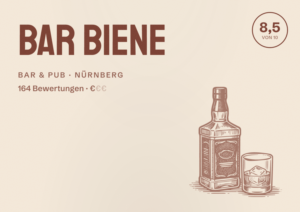 Illustriertes Poster von Bar Biene, Bar & Pub in Nürnberg: Bewertung 8,5 von 10 aus 164 Bewertungen, Preisniveau €