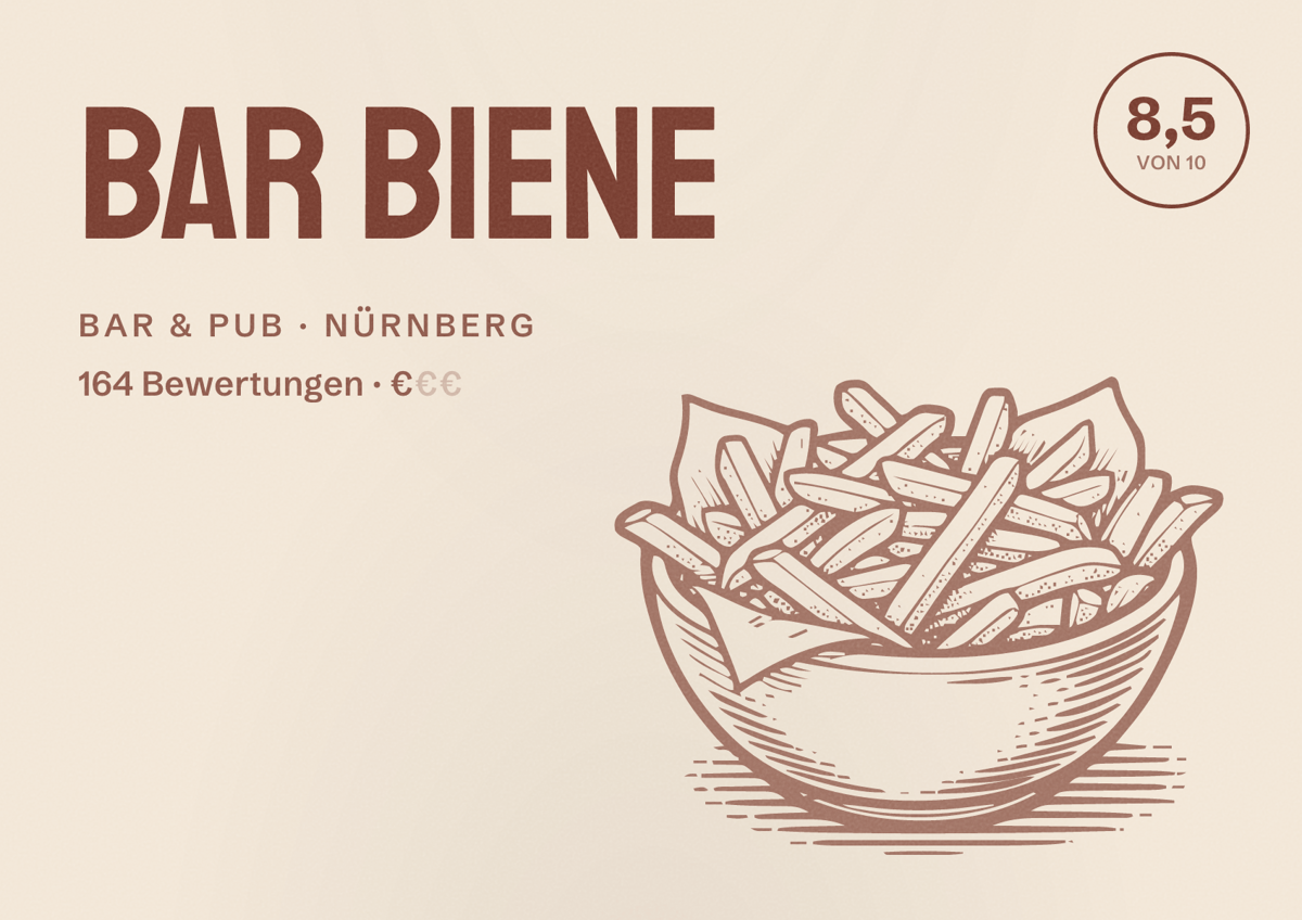 Illustriertes Poster von Bar Biene, Bar & Pub in Nürnberg: Bewertung 8,5 von 10 aus 164 Bewertungen, Preisniveau €