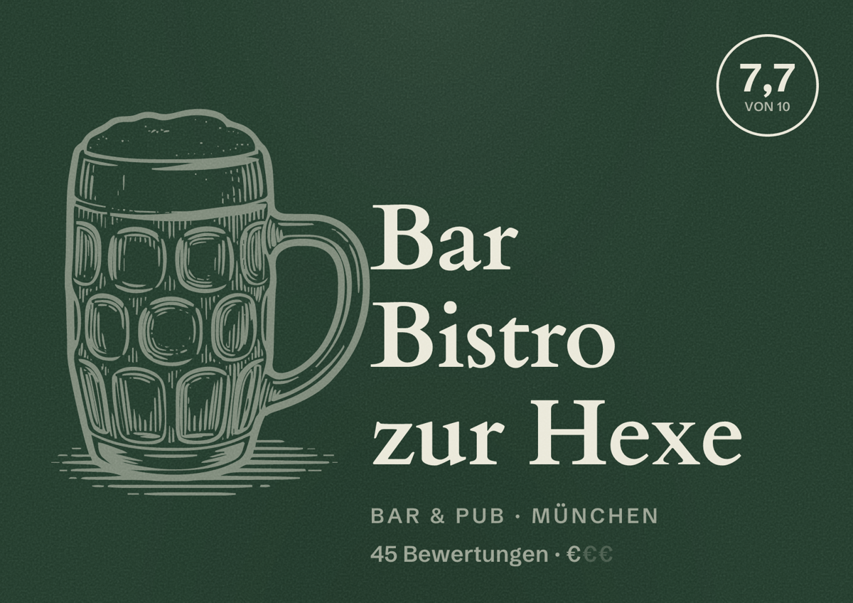 Illustriertes Poster von Bar Bistro zur Hexe, Bar & Pub in München: Bewertung 7,7 von 10 aus 45 Bewertungen, Preisniveau €