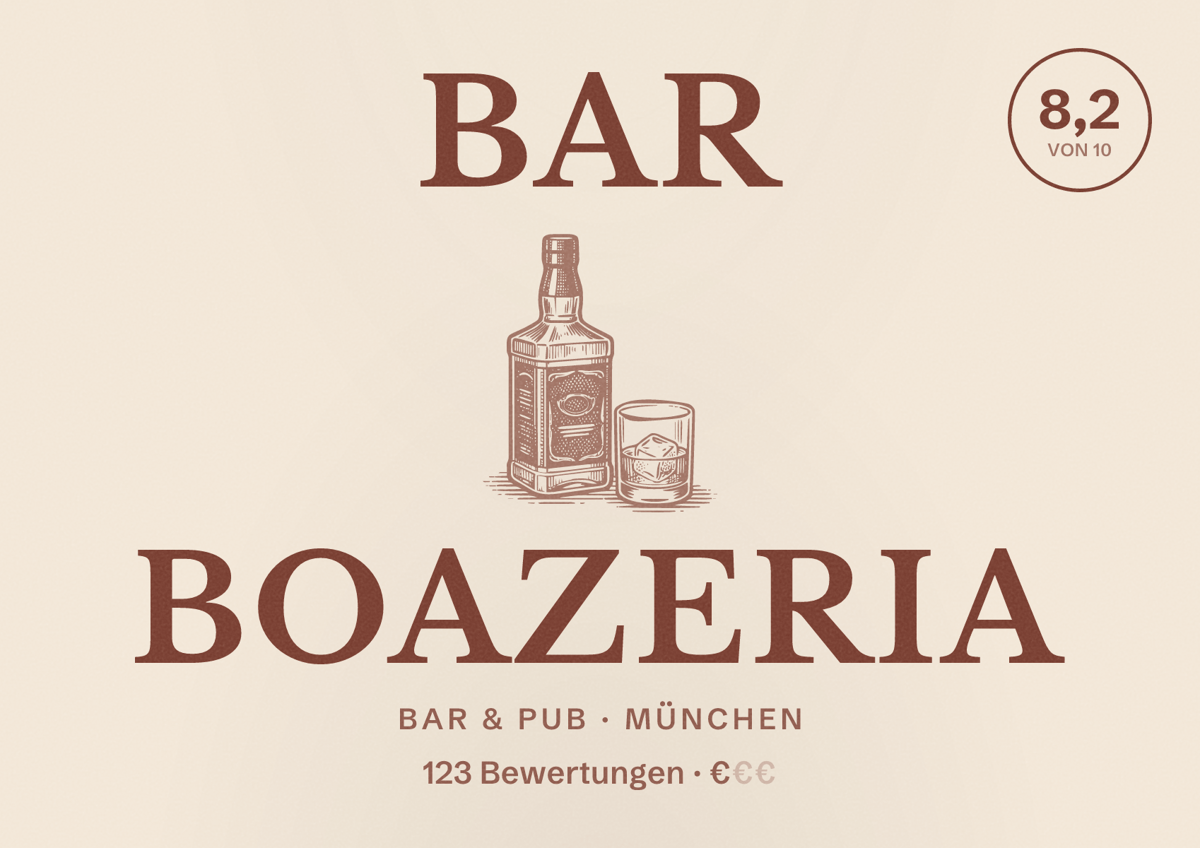 Illustriertes Poster von Bar Boazeria, Bar & Pub in München: Bewertung 8,2 von 10 aus 123 Bewertungen, Preisniveau €