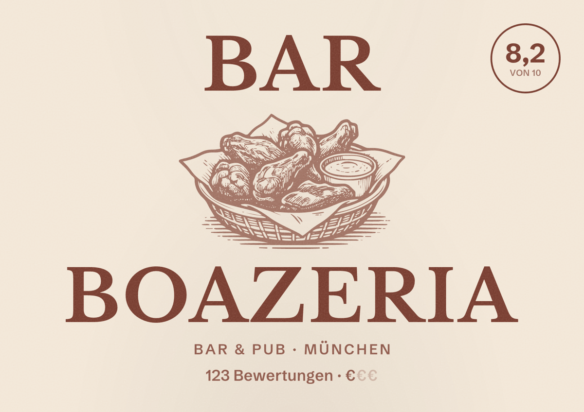 Illustriertes Poster von Bar Boazeria, Bar & Pub in München: Bewertung 8,2 von 10 aus 123 Bewertungen, Preisniveau €