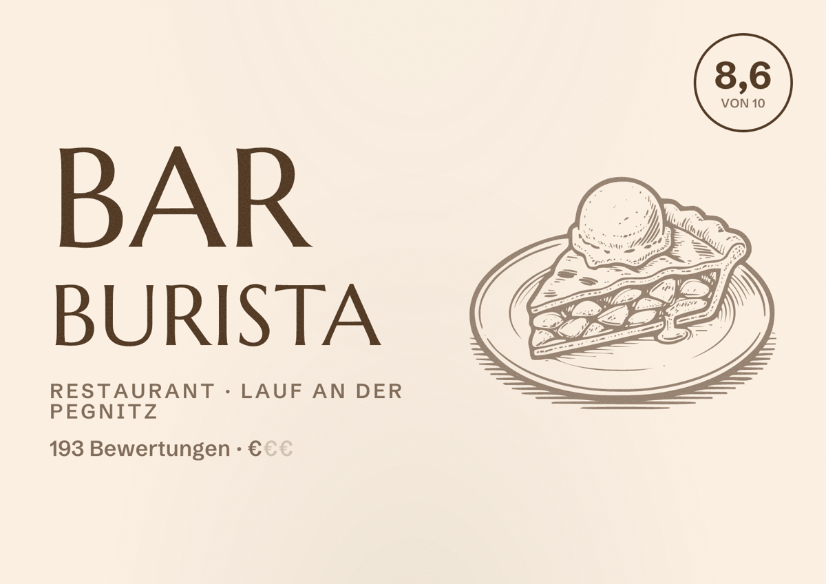 Illustriertes Poster von Bar Burista, Restaurant in Lauf an der Pegnitz: Bewertung 8,6 von 10 aus 193 Bewertungen, Preisniveau €
