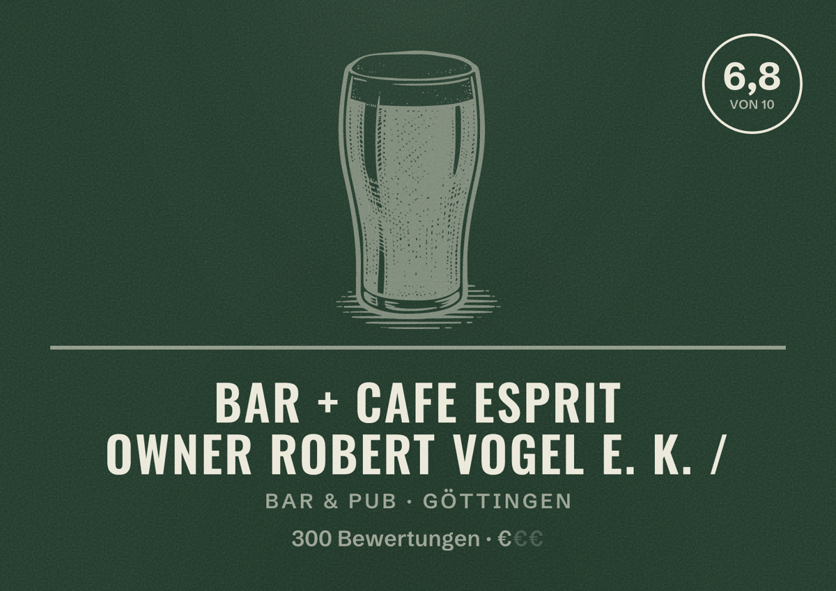 Illustriertes Poster von Bar + Cafe Esprit owner Robert Vogel e. K. /, Bar & Pub in Göttingen: Bewertung 6,8 von 10 aus 300 Bewertungen, Preisniveau €