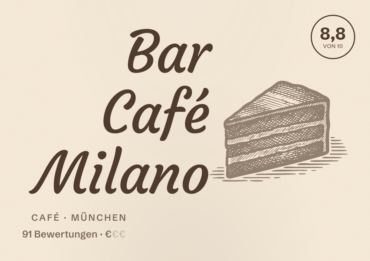 Illustriertes Poster von Bar Café Milano, Café in München: Bewertung 8,8 von 10 aus 91 Bewertungen, Preisniveau €