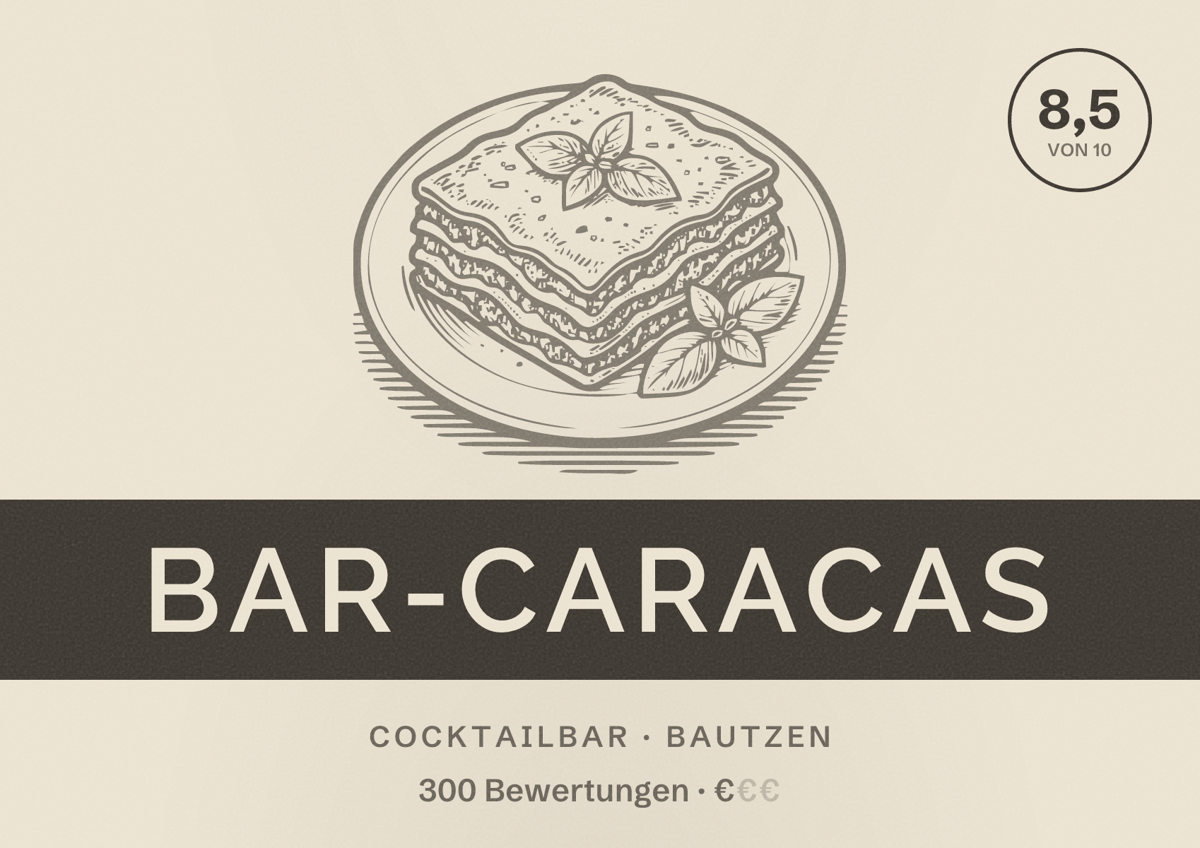 Illustriertes Poster von Bar-Caracas, Cocktailbar in Bautzen: Bewertung 8,5 von 10 aus 300 Bewertungen, Preisniveau €