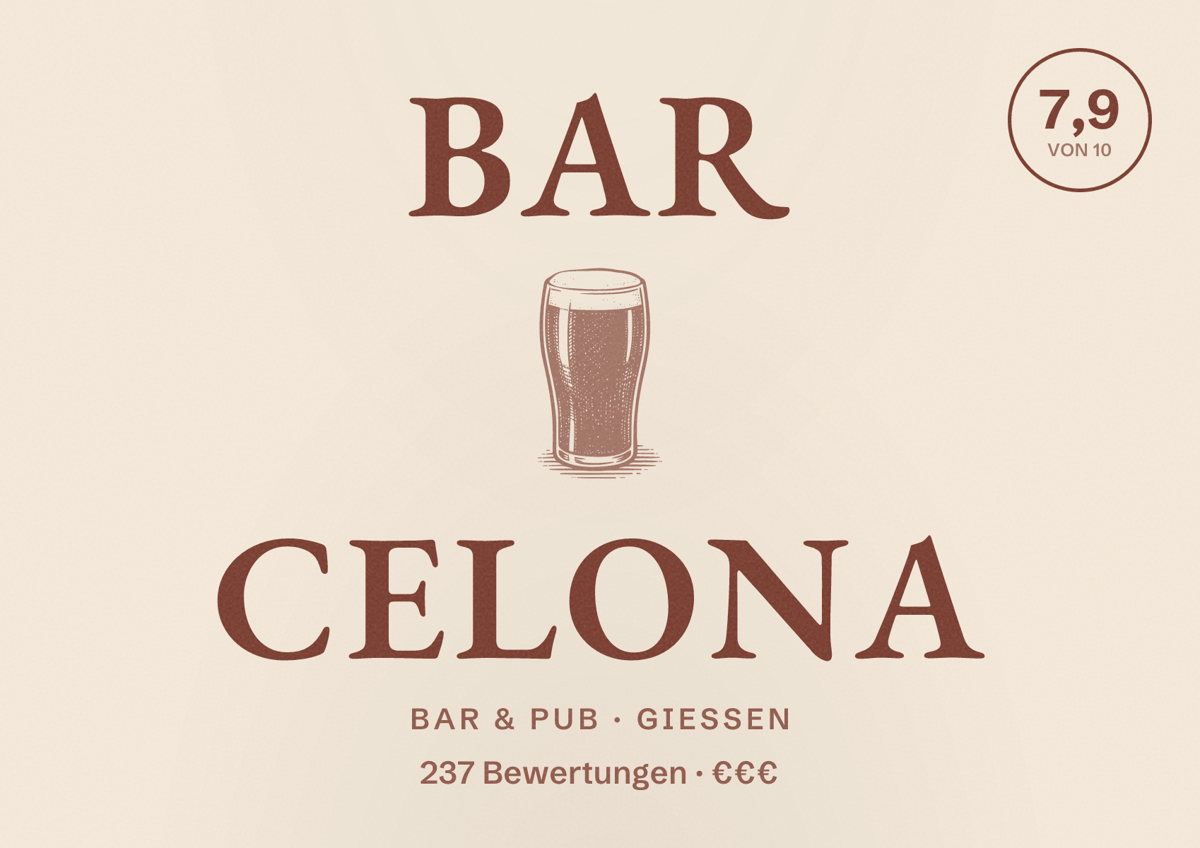 Illustriertes Poster von Bar Celona, Bar & Pub in Gießen: Bewertung 7,9 von 10 aus 237 Bewertungen, Preisniveau €€€