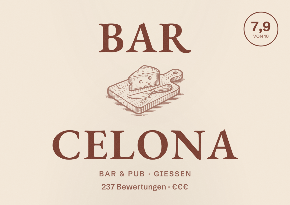 Illustriertes Poster von Bar Celona, Bar & Pub in Gießen: Bewertung 7,9 von 10 aus 237 Bewertungen, Preisniveau €€€