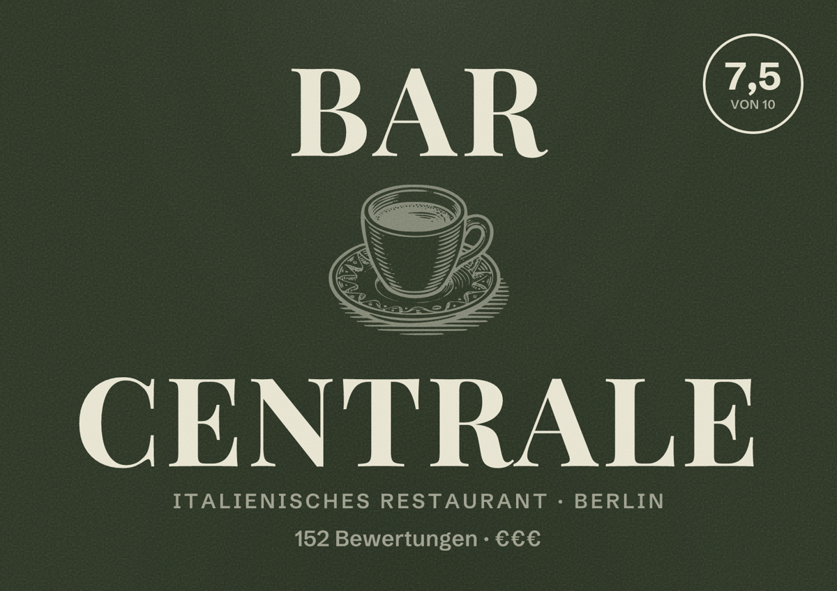 Illustriertes Poster von Bar Centrale, Italienisches Restaurant in Berlin: Bewertung 7,5 von 10 aus 152 Bewertungen, Preisniveau €€€