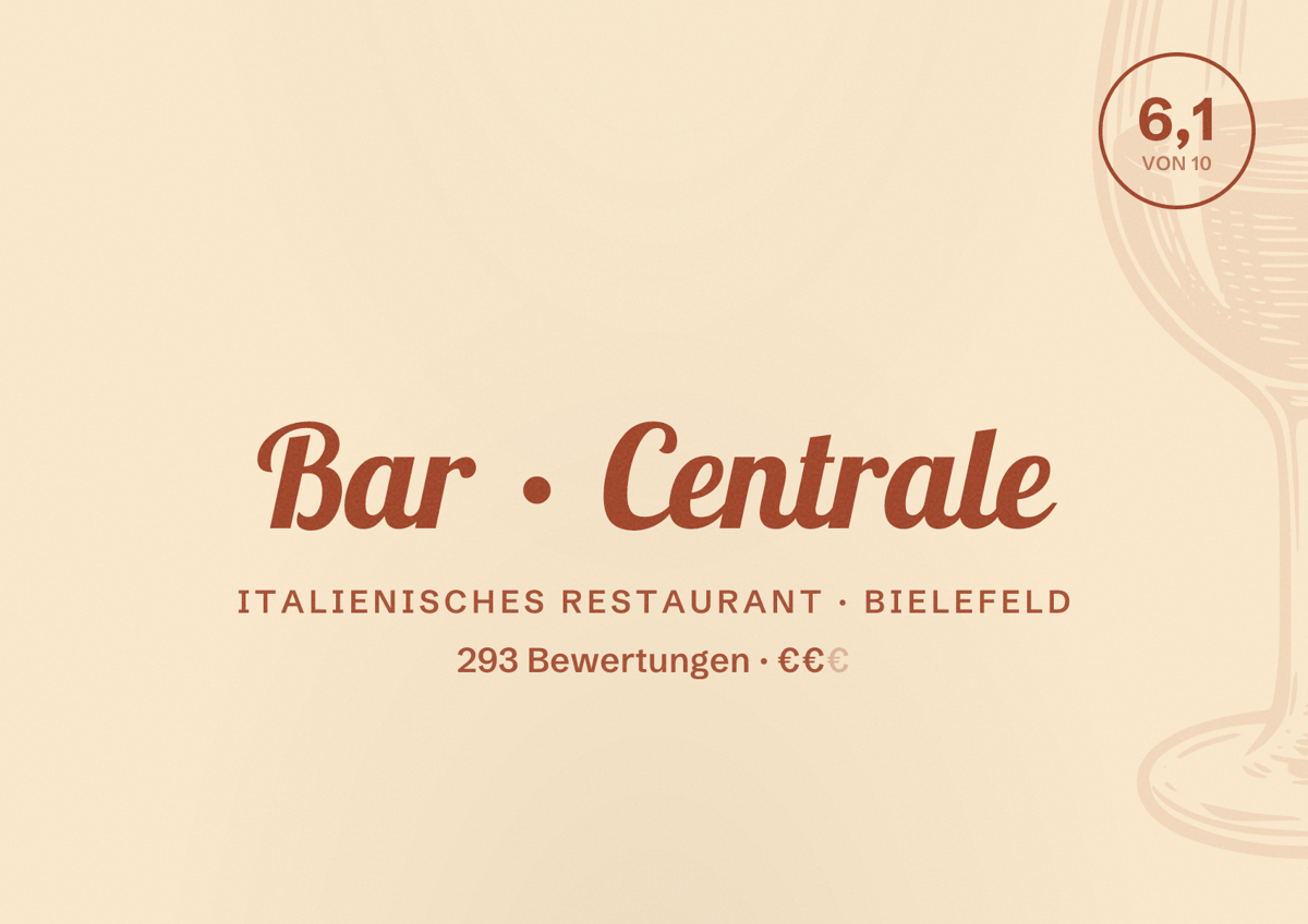 Illustriertes Poster von Bar Centrale, Italienisches Restaurant in Bielefeld: Bewertung 6,1 von 10 aus 293 Bewertungen, Preisniveau €€