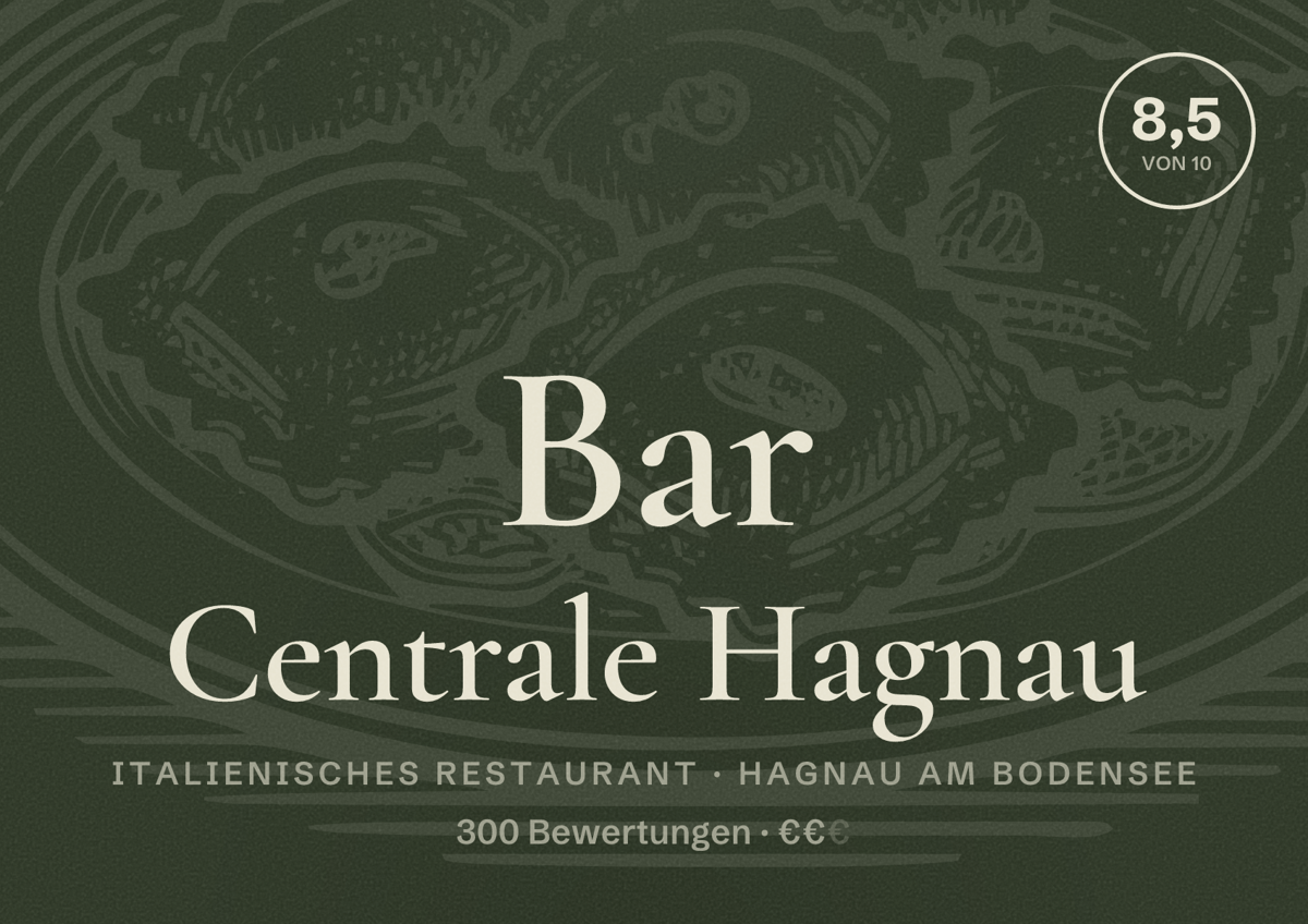 Illustriertes Poster von Bar Centrale Hagnau, Italienisches Restaurant in Hagnau am Bodensee: Bewertung 8,5 von 10 aus 300 Bewertungen, Preisniveau €€
