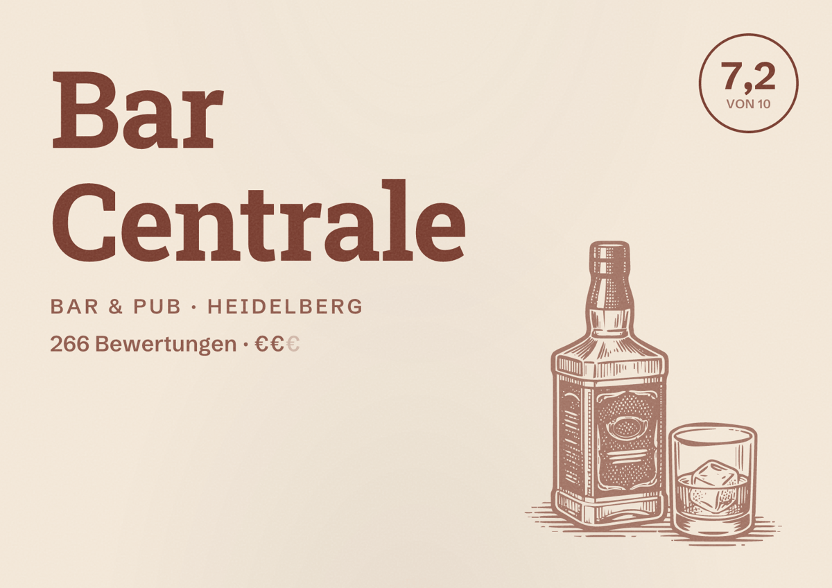 Illustriertes Poster von Bar Centrale, Bar & Pub in Heidelberg: Bewertung 7,2 von 10 aus 266 Bewertungen, Preisniveau €€