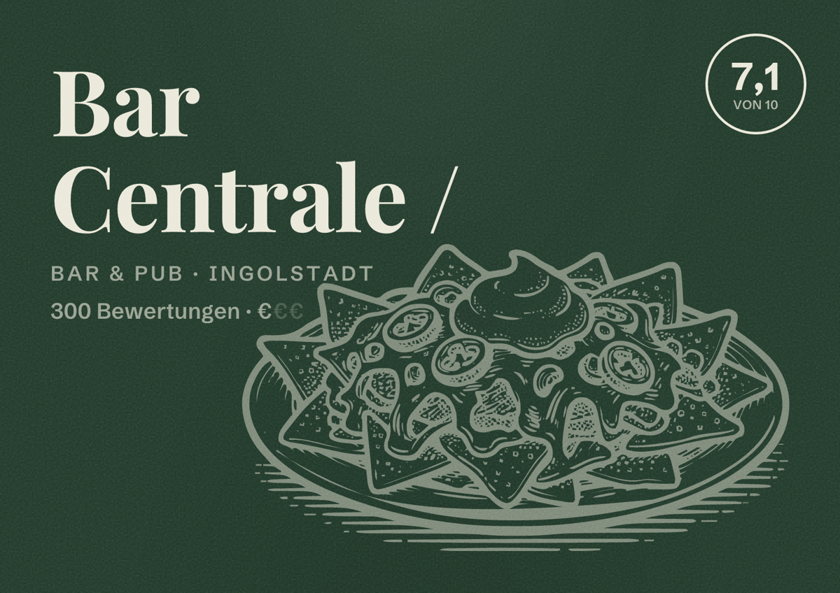 Illustriertes Poster von Bar Centrale /, Bar & Pub in Ingolstadt: Bewertung 7,1 von 10 aus 300 Bewertungen, Preisniveau €