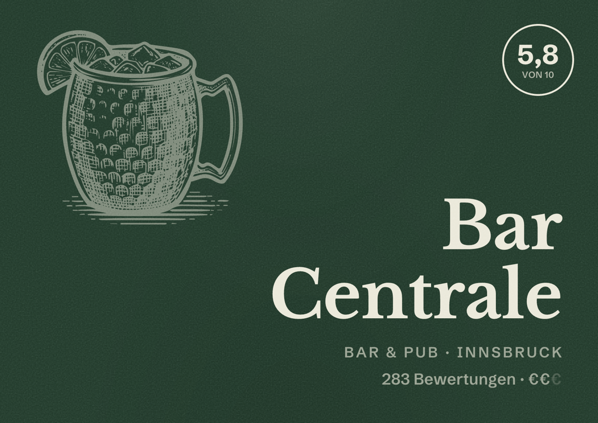 Illustriertes Poster von Bar Centrale, Bar & Pub in Innsbruck: Bewertung 5,8 von 10 aus 283 Bewertungen, Preisniveau €€