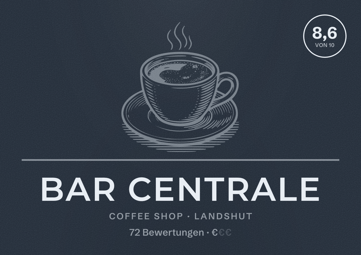 Illustriertes Poster von Bar Centrale, Coffee Shop in Landshut: Bewertung 8,6 von 10 aus 72 Bewertungen, Preisniveau €
