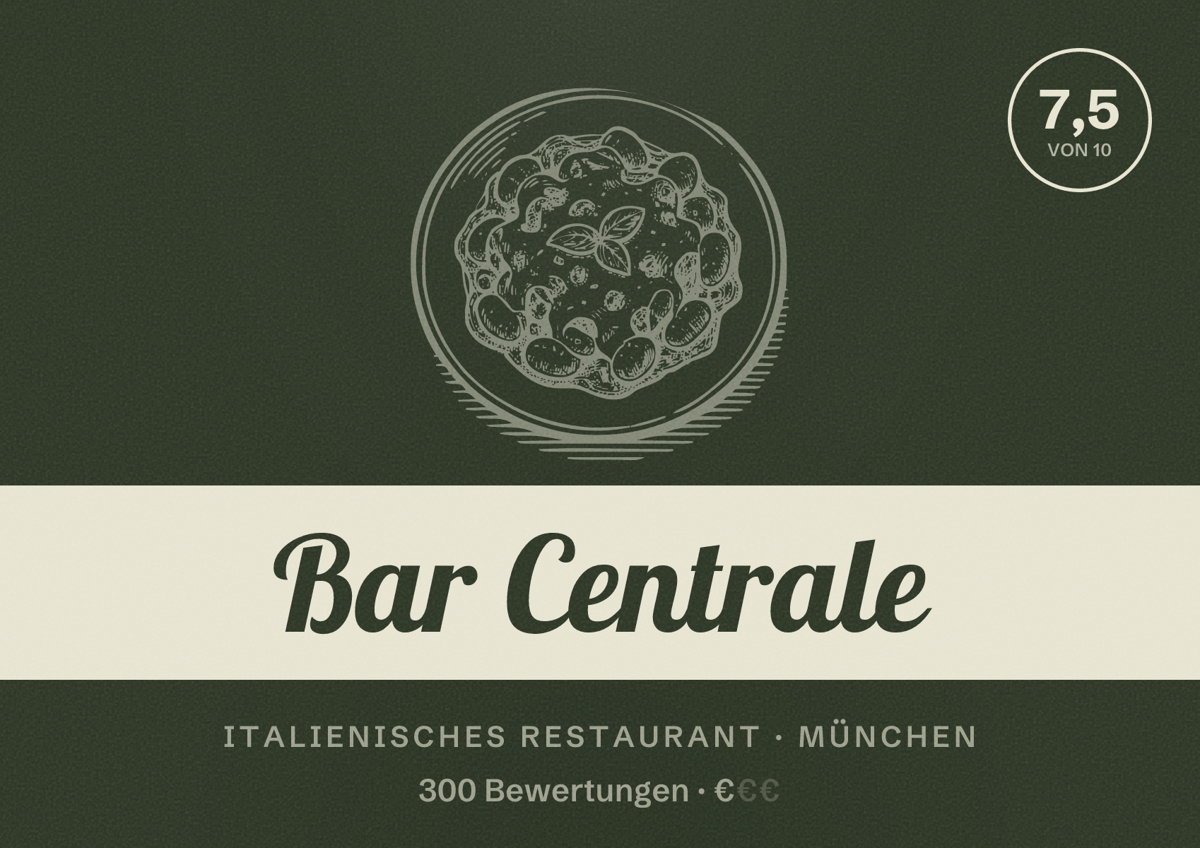 Illustriertes Poster von Bar Centrale, Italienisches Restaurant in München: Bewertung 7,5 von 10 aus 300 Bewertungen, Preisniveau €