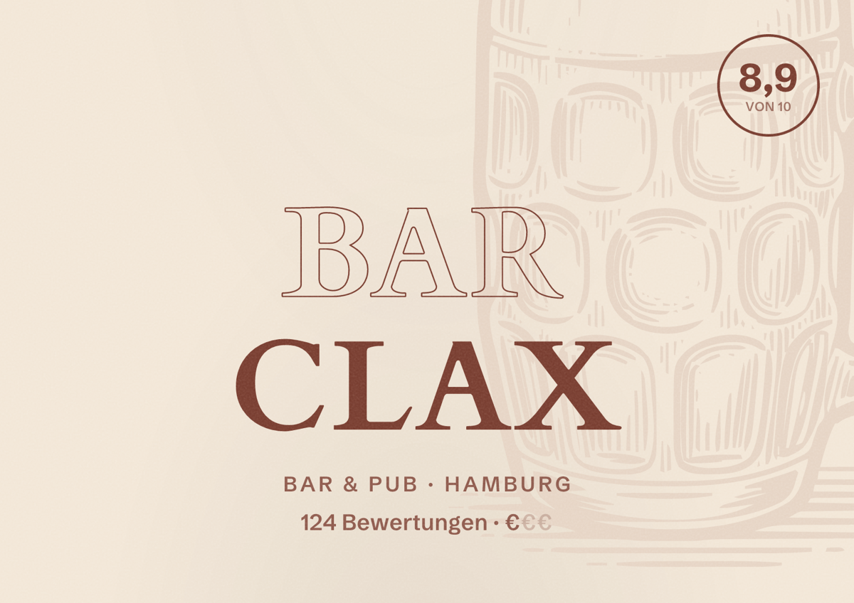 Illustriertes Poster von Bar Clax, Bar & Pub in Hamburg: Bewertung 8,9 von 10 aus 124 Bewertungen, Preisniveau €