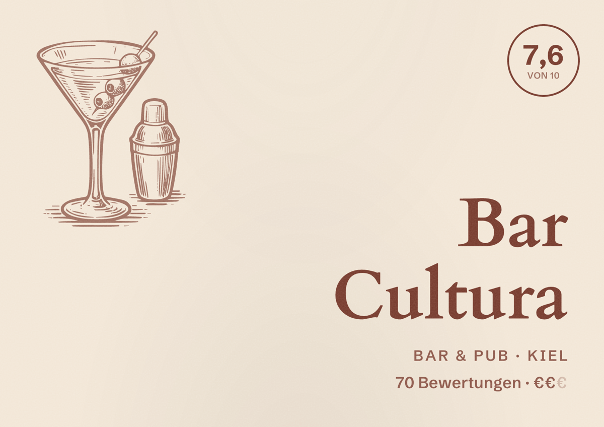 Illustriertes Poster von Bar Cultura, Bar & Pub in Kiel: Bewertung 7,6 von 10 aus 70 Bewertungen, Preisniveau €€