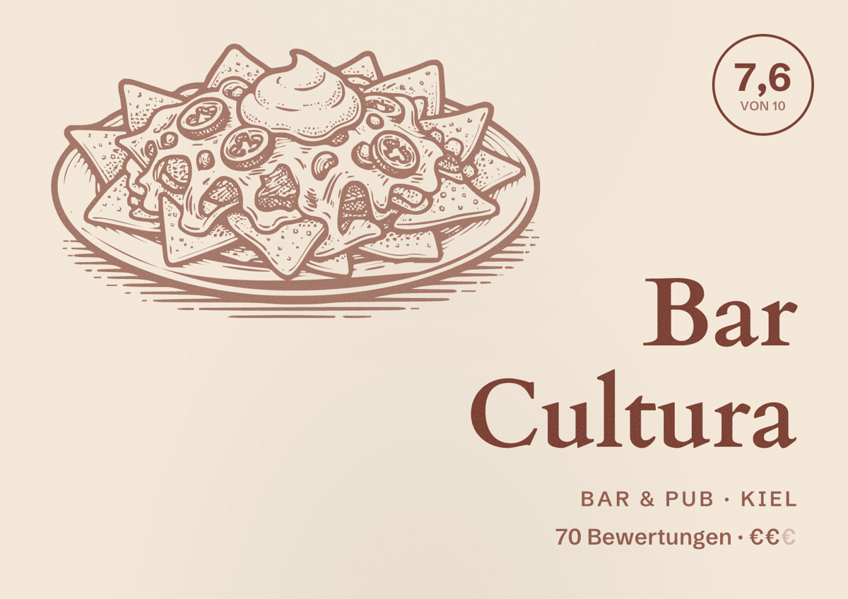 Illustriertes Poster von Bar Cultura, Bar & Pub in Kiel: Bewertung 7,6 von 10 aus 70 Bewertungen, Preisniveau €€