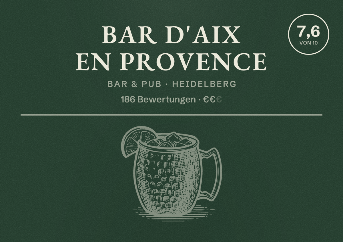 Illustriertes Poster von Bar d'Aix en provence, Bar & Pub in Heidelberg: Bewertung 7,6 von 10 aus 186 Bewertungen, Preisniveau €€