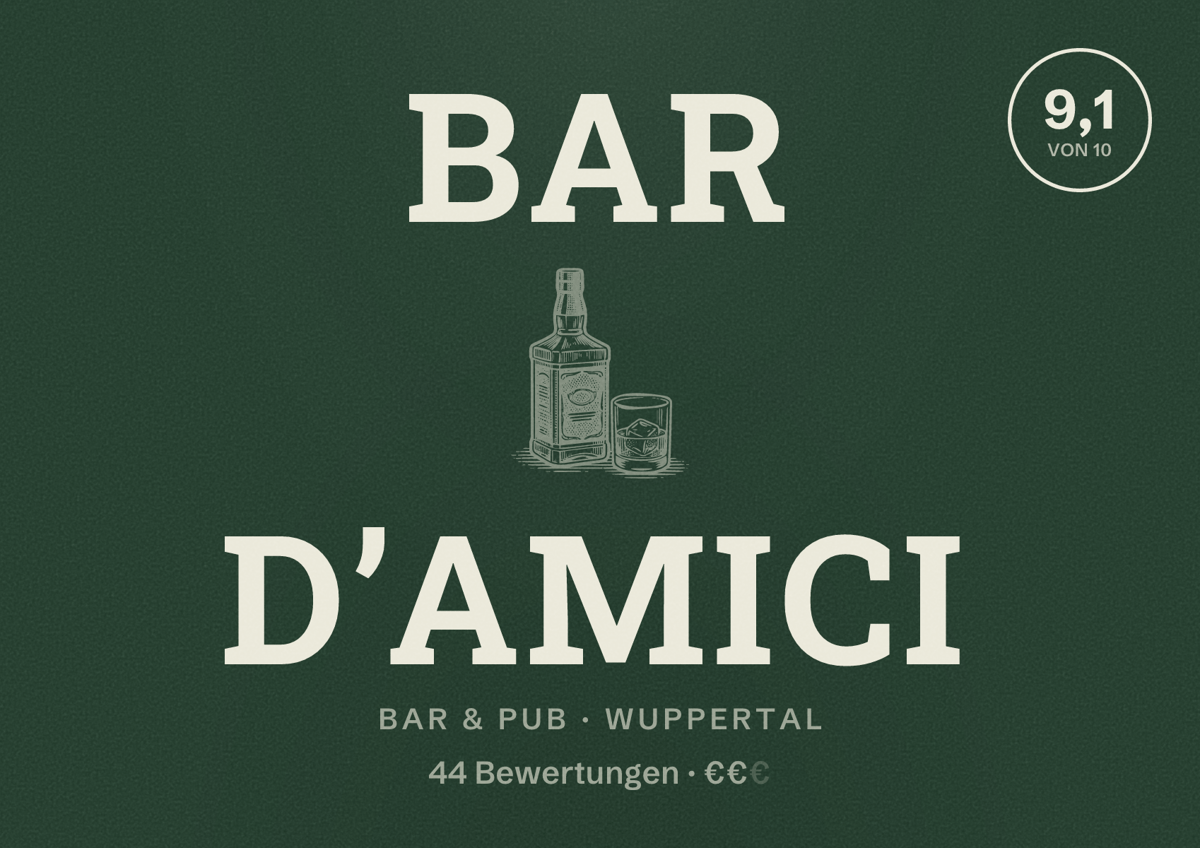 Illustriertes Poster von Bar D’amici, Bar & Pub in Wuppertal: Bewertung 9,1 von 10 aus 44 Bewertungen, Preisniveau €€