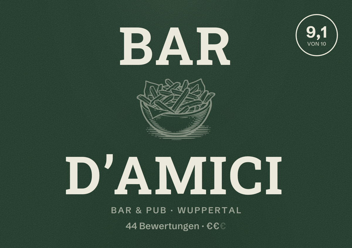 Illustriertes Poster von Bar D’amici, Bar & Pub in Wuppertal: Bewertung 9,1 von 10 aus 44 Bewertungen, Preisniveau €€