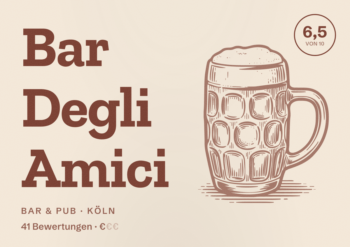 Illustriertes Poster von Bar Degli Amici, Bar & Pub in Köln: Bewertung 6,5 von 10 aus 41 Bewertungen, Preisniveau €