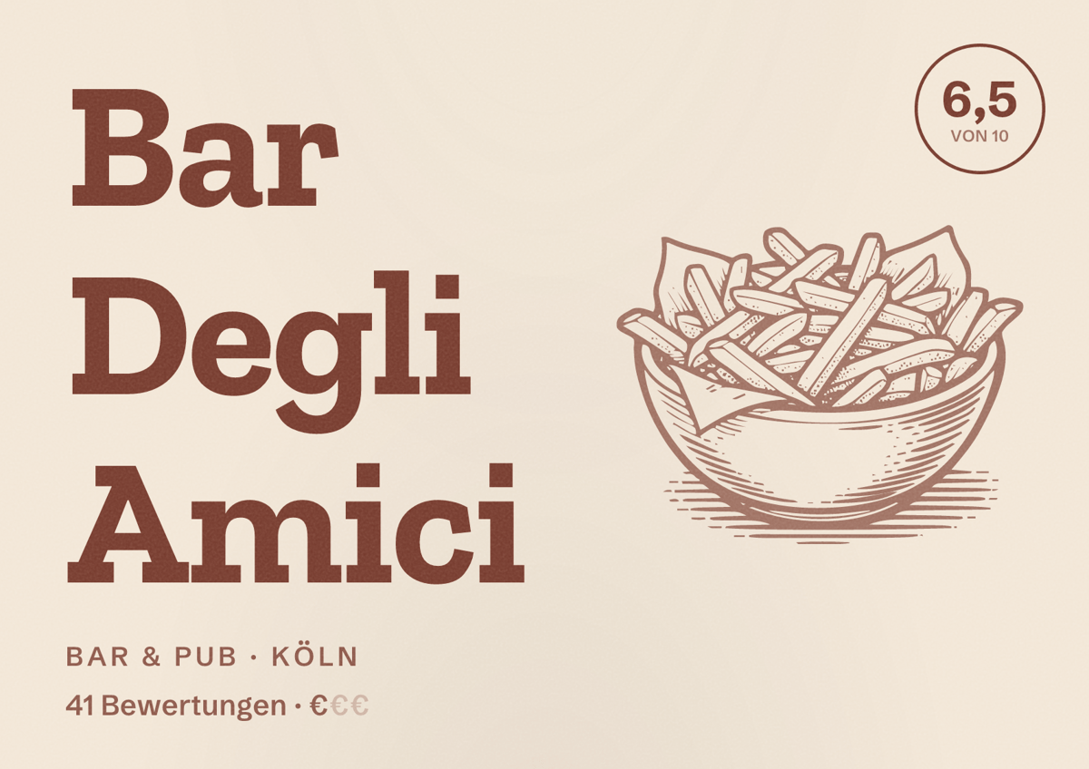 Illustriertes Poster von Bar Degli Amici, Bar & Pub in Köln: Bewertung 6,5 von 10 aus 41 Bewertungen, Preisniveau €
