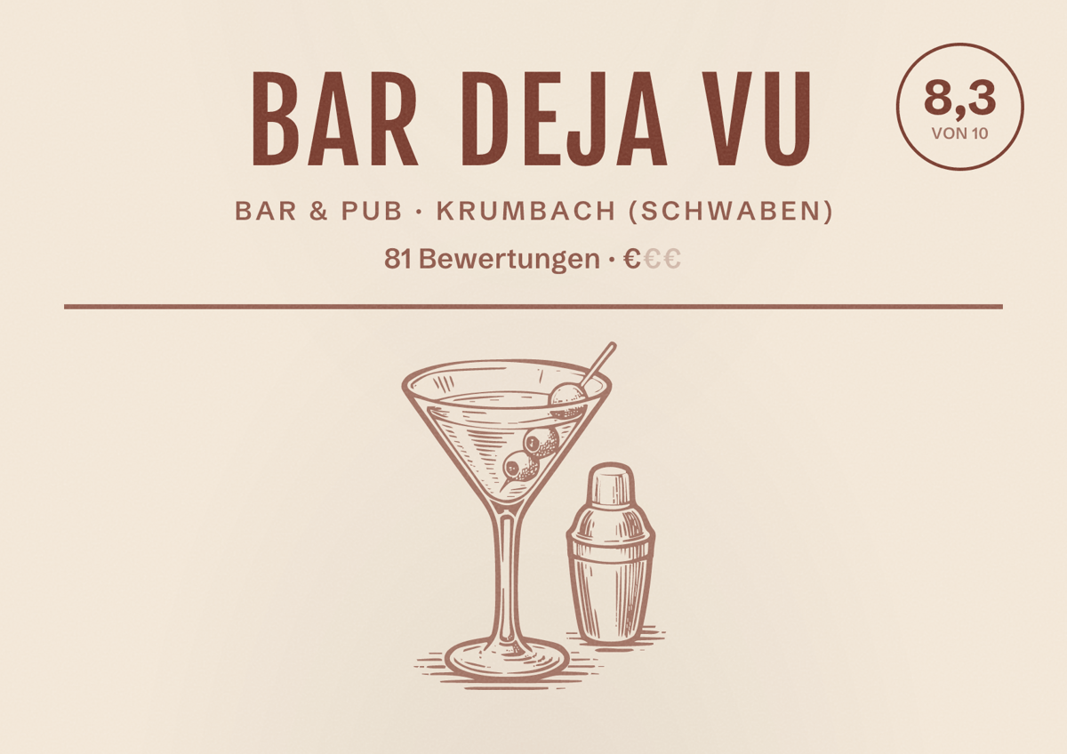 Illustriertes Poster von Bar Deja Vu, Bar & Pub in Krumbach (Schwaben): Bewertung 8,3 von 10 aus 81 Bewertungen, Preisniveau €