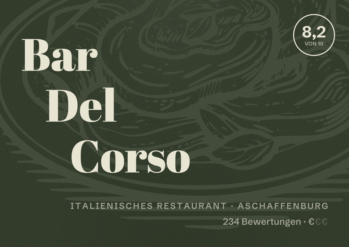 Illustriertes Poster von Bar Del Corso, Italienisches Restaurant in Aschaffenburg: Bewertung 8,2 von 10 aus 234 Bewertungen, Preisniveau €