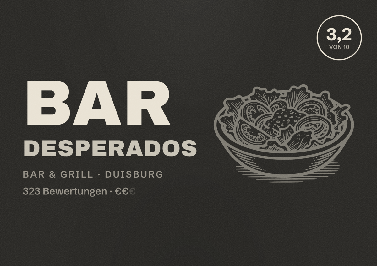 Illustriertes Poster von Bar Desperados, Bar & Grill in Duisburg: Bewertung 3,2 von 10 aus 323 Bewertungen, Preisniveau €€