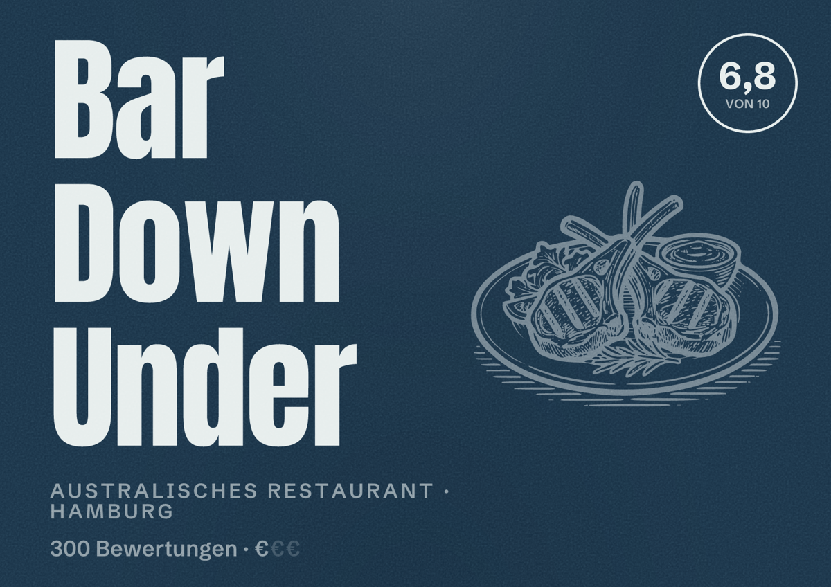Illustriertes Poster von Bar Down Under, Australisches Restaurant in Hamburg: Bewertung 6,8 von 10 aus 300 Bewertungen, Preisniveau €