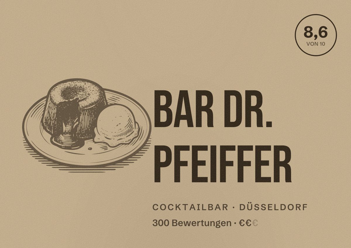 Illustriertes Poster von Bar Dr. Pfeiffer, Cocktailbar in Düsseldorf: Bewertung 8,6 von 10 aus 300 Bewertungen, Preisniveau €€