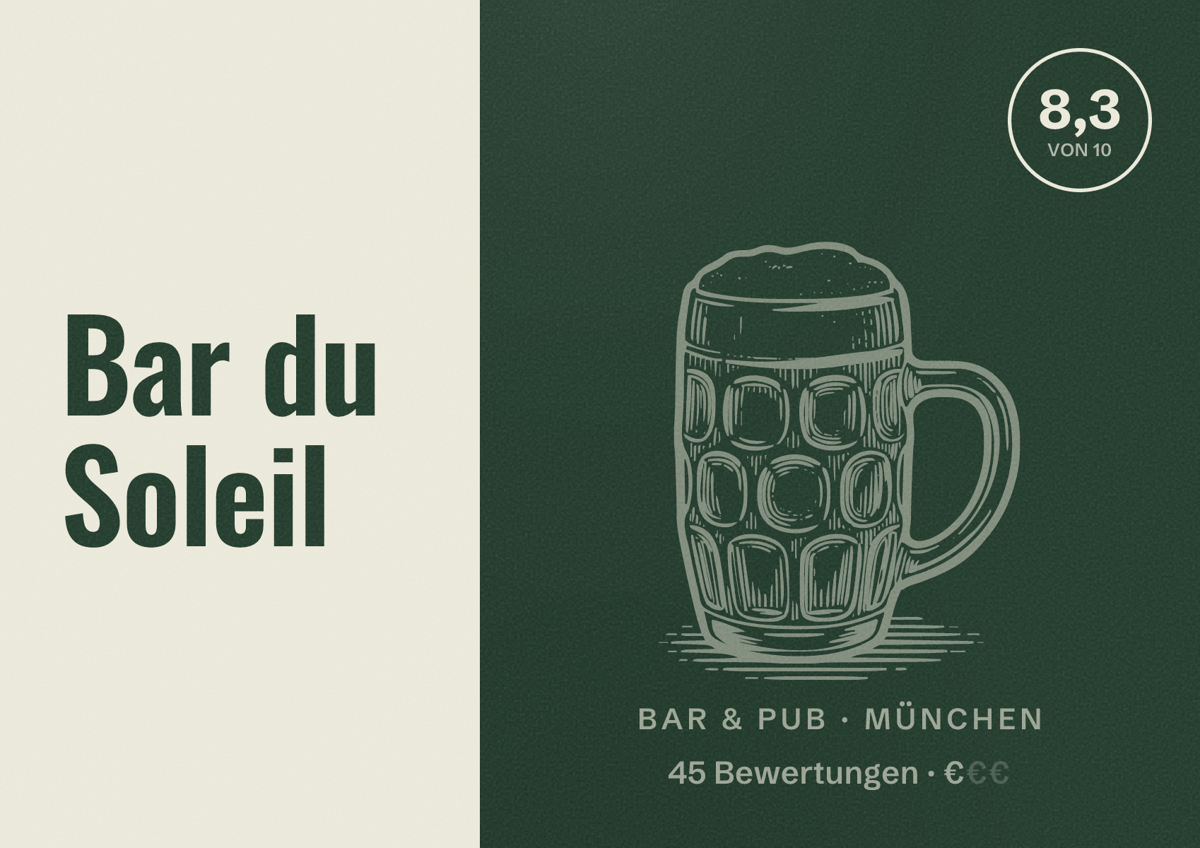 Illustriertes Poster von Bar du Soleil, Bar & Pub in München: Bewertung 8,3 von 10 aus 45 Bewertungen, Preisniveau €
