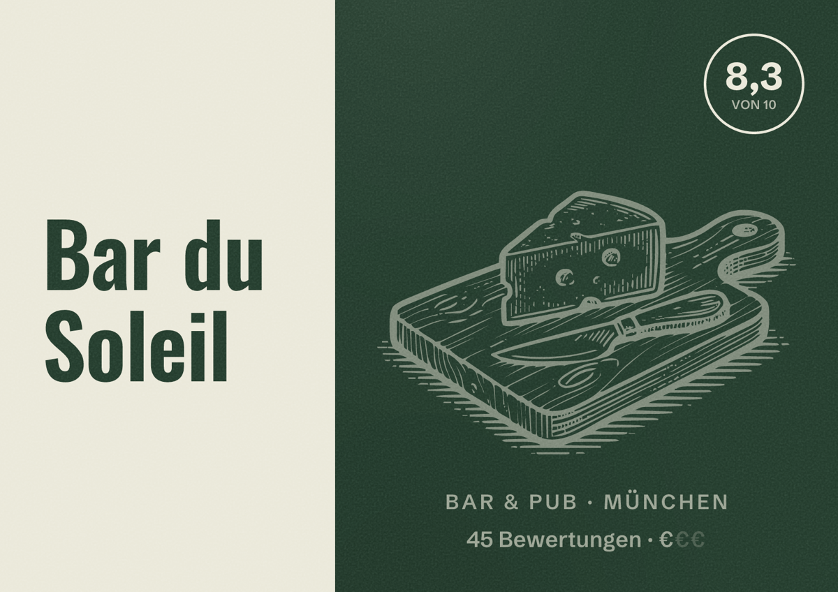 Illustriertes Poster von Bar du Soleil, Bar & Pub in München: Bewertung 8,3 von 10 aus 45 Bewertungen, Preisniveau €