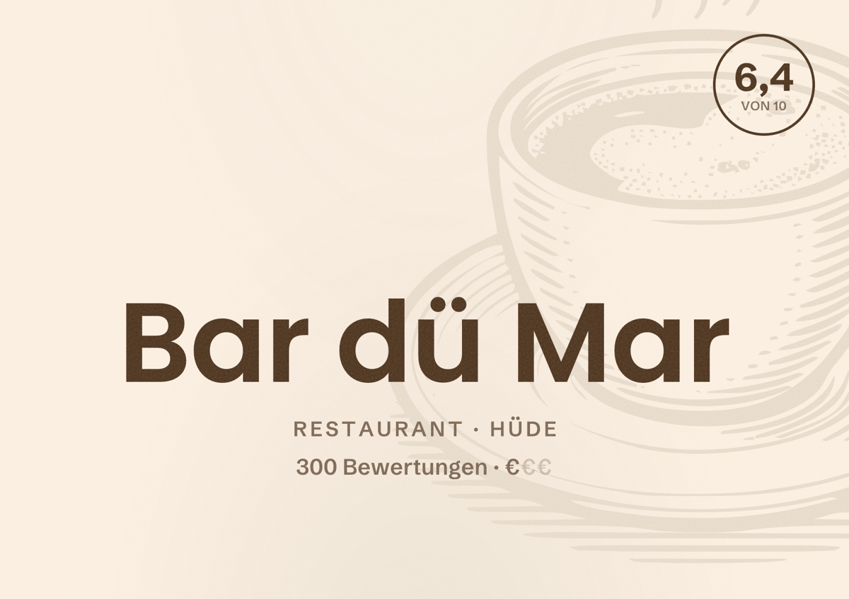 Illustriertes Poster von Bar dü Mar, Restaurant in Hüde: Bewertung 6,4 von 10 aus 300 Bewertungen, Preisniveau €