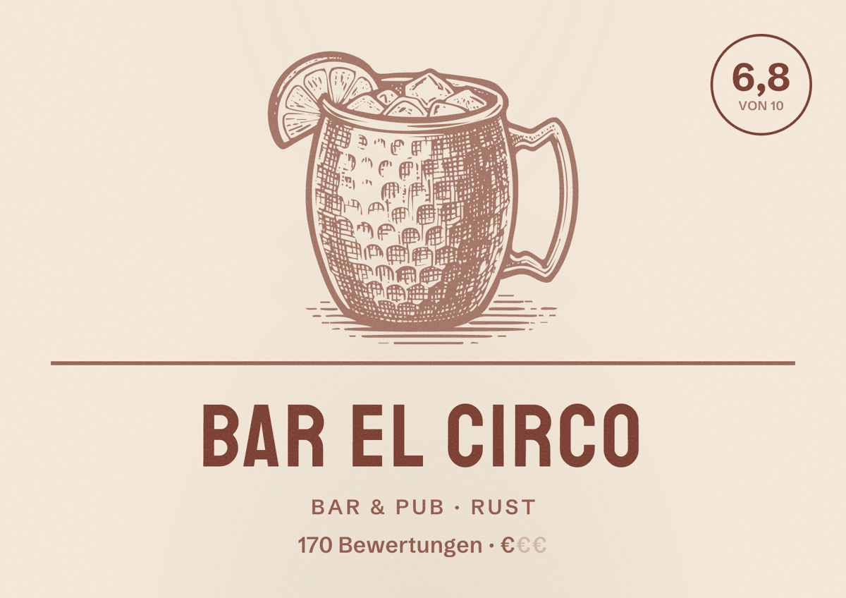 Illustriertes Poster von Bar El Circo, Bar & Pub in Rust: Bewertung 6,8 von 10 aus 170 Bewertungen, Preisniveau €