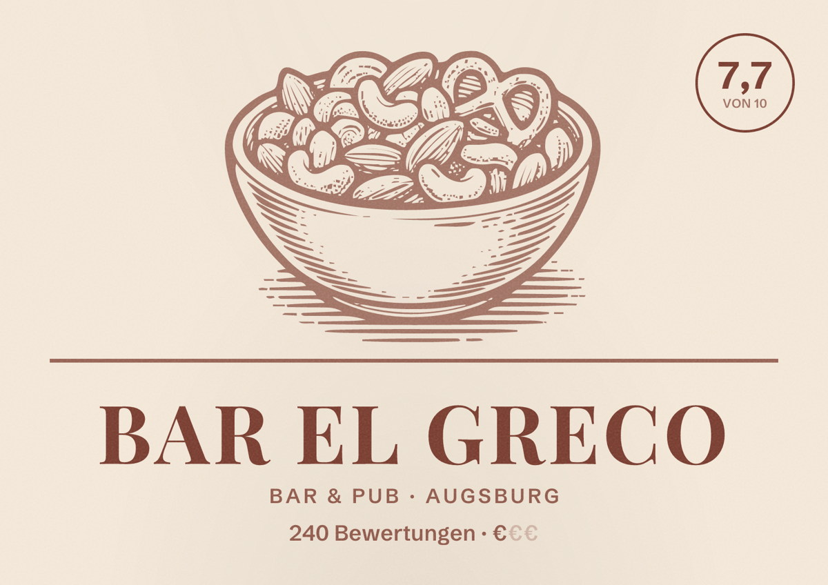 Illustriertes Poster von Bar El Greco, Bar & Pub in Augsburg: Bewertung 7,7 von 10 aus 240 Bewertungen, Preisniveau €