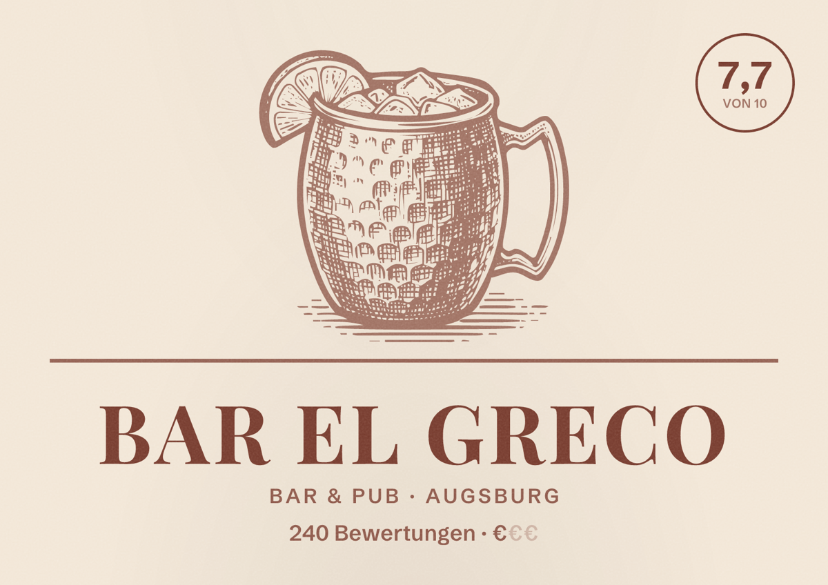 Illustriertes Poster von Bar El Greco, Bar & Pub in Augsburg: Bewertung 7,7 von 10 aus 240 Bewertungen, Preisniveau €