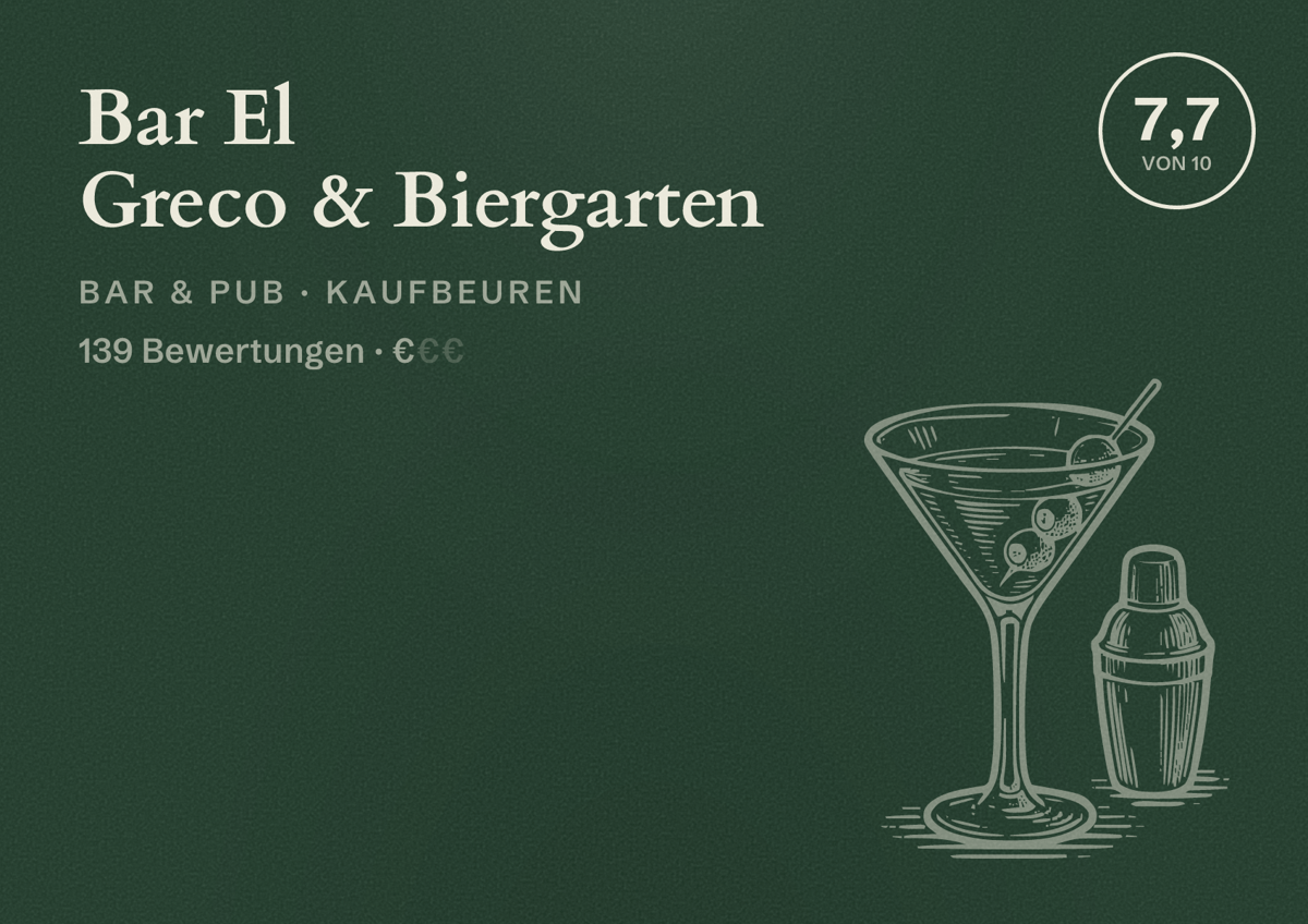 Illustriertes Poster von Bar El Greco & Biergarten, Bar & Pub in Kaufbeuren: Bewertung 7,7 von 10 aus 139 Bewertungen, Preisniveau €