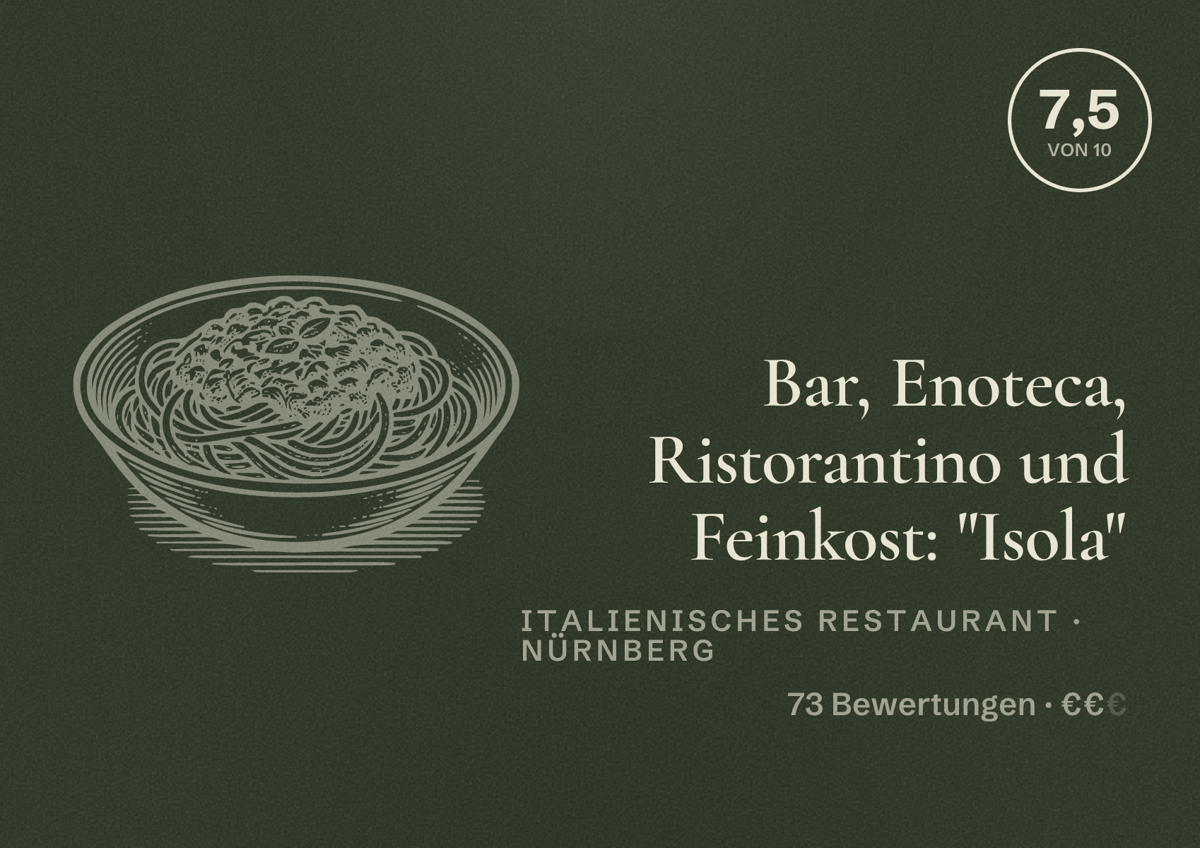 Illustriertes Poster von Bar, Enoteca, Ristorantino und Feinkost: "Isola", Italienisches Restaurant in Nürnberg: Bewertung 7,5 von 10 aus 73 Bewertungen, Preisniveau €€