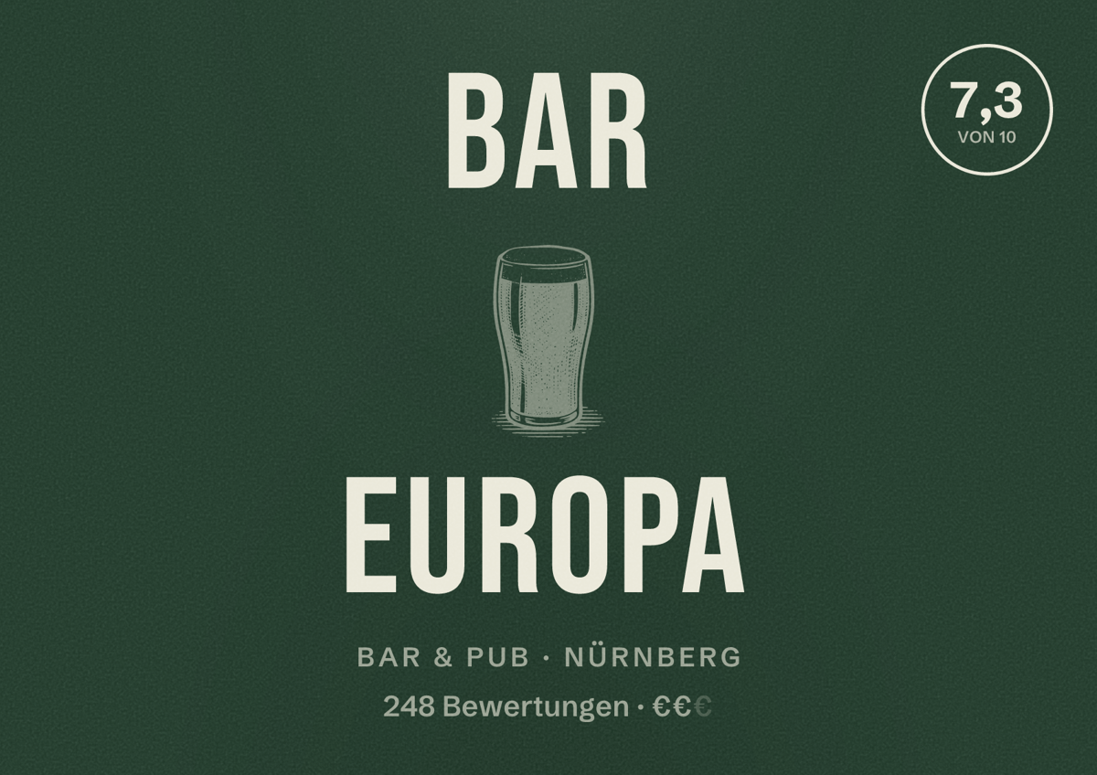 Illustriertes Poster von Bar Europa, Bar & Pub in Nürnberg: Bewertung 7,3 von 10 aus 248 Bewertungen, Preisniveau €€