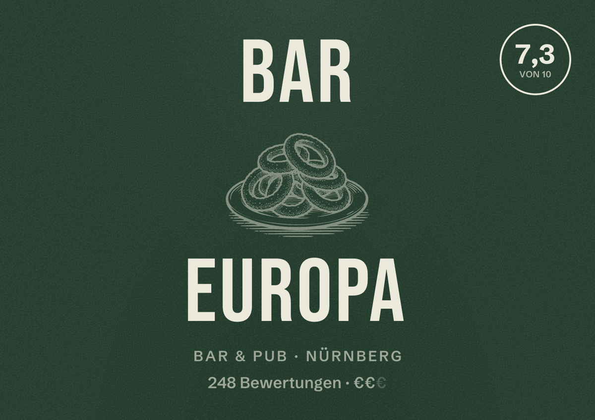 Illustriertes Poster von Bar Europa, Bar & Pub in Nürnberg: Bewertung 7,3 von 10 aus 248 Bewertungen, Preisniveau €€