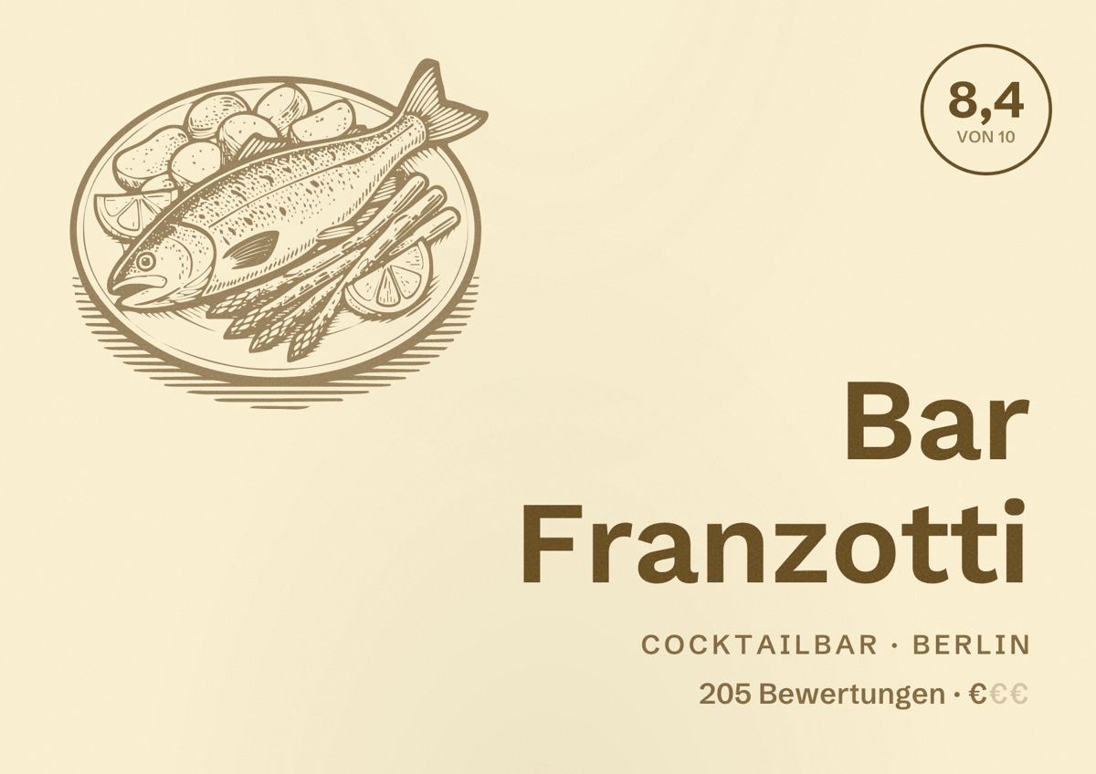 Illustriertes Poster von Bar Franzotti, Cocktailbar in Berlin: Bewertung 8,4 von 10 aus 205 Bewertungen, Preisniveau €