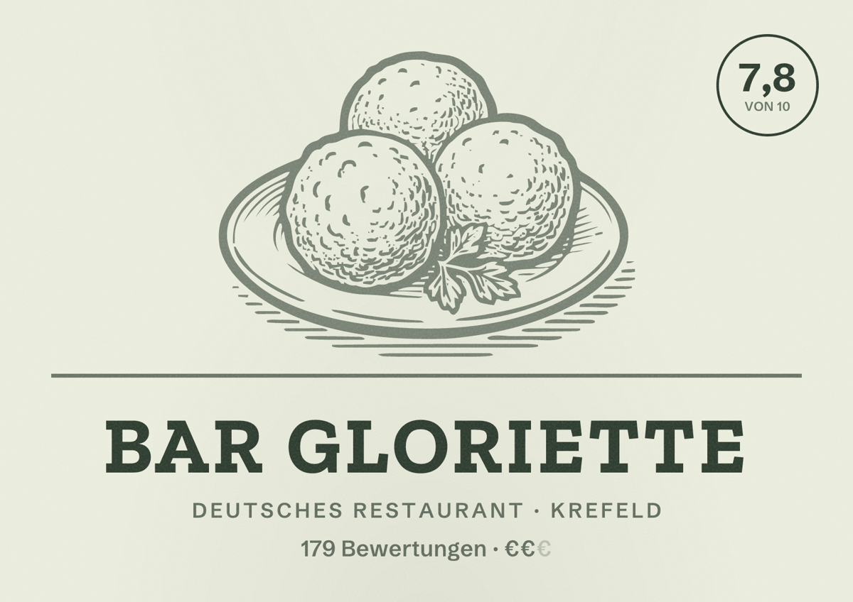 Illustriertes Poster von Bar Gloriette, Deutsches Restaurant in Krefeld: Bewertung 7,8 von 10 aus 179 Bewertungen, Preisniveau €€