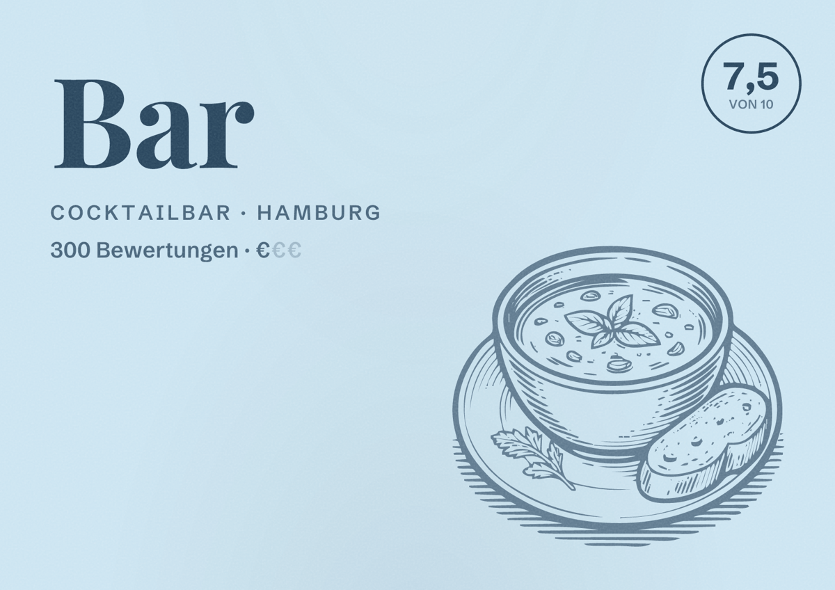 Illustriertes Poster von Bar, Cocktailbar in Hamburg: Bewertung 7,5 von 10 aus 300 Bewertungen, Preisniveau €