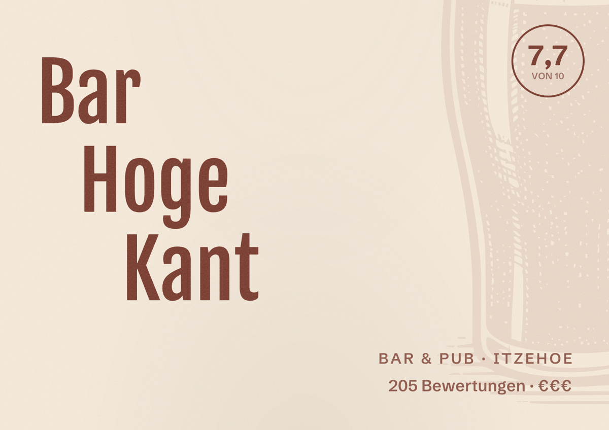 Illustriertes Poster von Bar Hoge Kant, Bar & Pub in Itzehoe: Bewertung 7,7 von 10 aus 205 Bewertungen, Preisniveau €€€