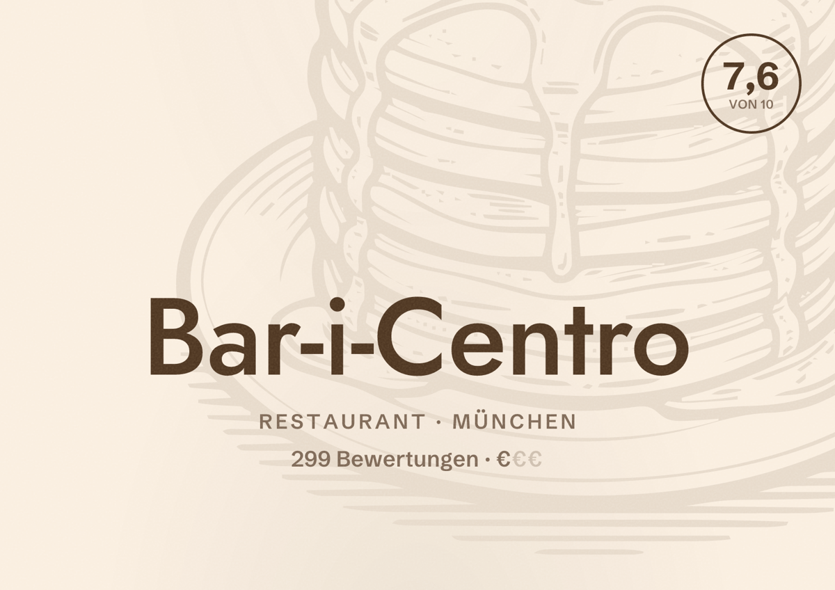 Illustriertes Poster von Bar-i-Centro, Restaurant in München: Bewertung 7,6 von 10 aus 299 Bewertungen, Preisniveau €