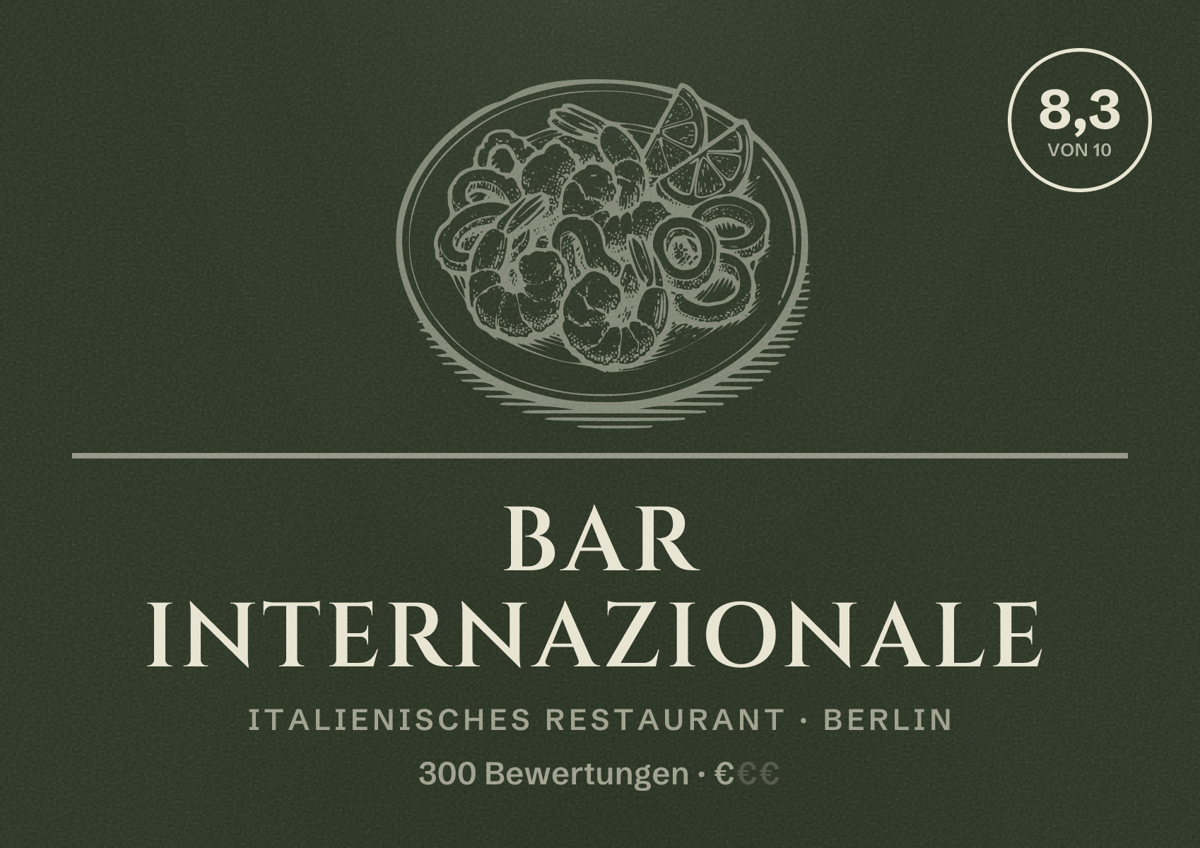 Illustriertes Poster von BAR internazionale, Italienisches Restaurant in Berlin: Bewertung 8,3 von 10 aus 300 Bewertungen, Preisniveau €