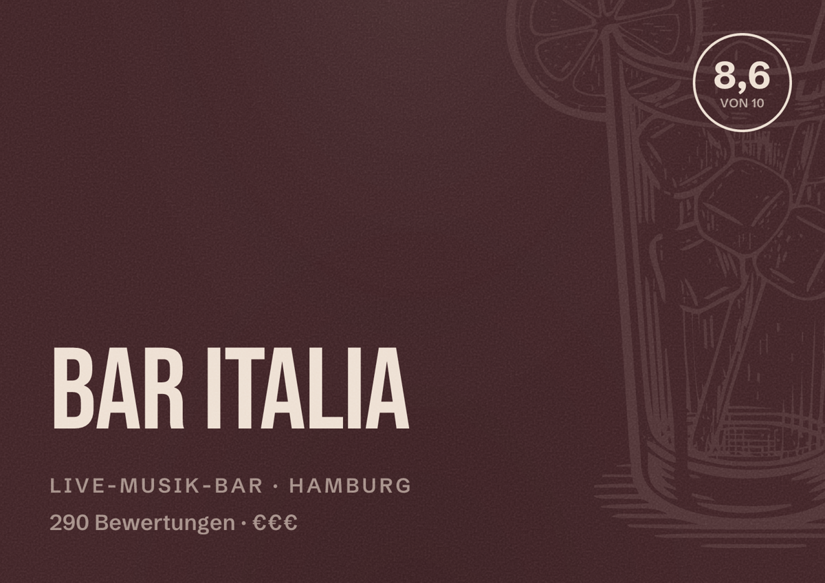 Illustriertes Poster von Bar Italia, Live-Musik-Bar in Hamburg: Bewertung 8,6 von 10 aus 290 Bewertungen, Preisniveau €€€