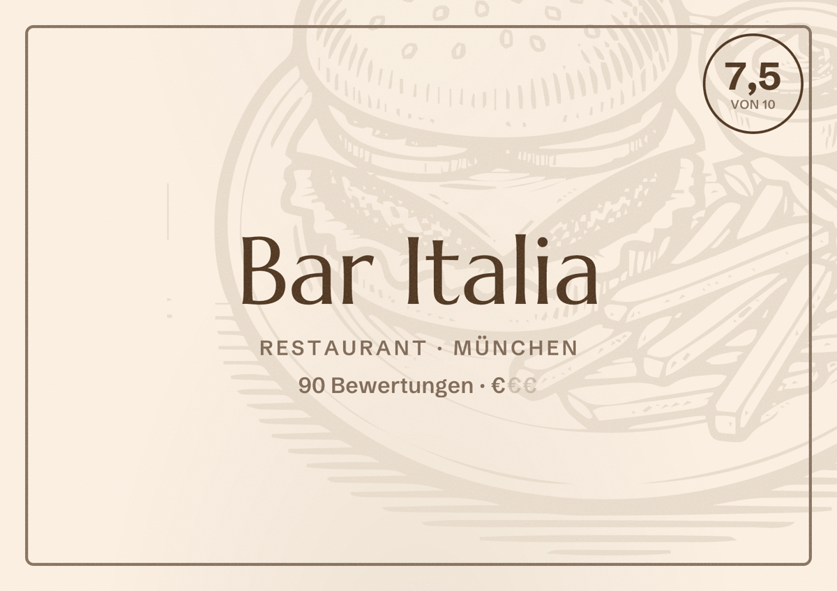 Illustriertes Poster von Bar Italia, Restaurant in München: Bewertung 7,5 von 10 aus 90 Bewertungen, Preisniveau €